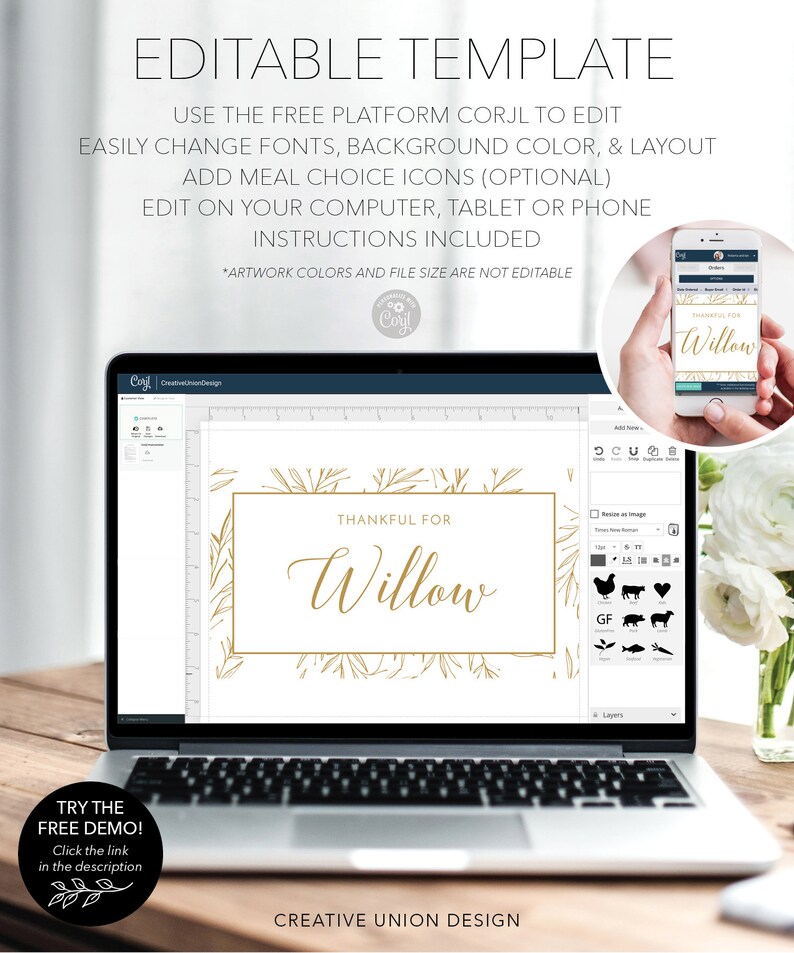 Puede incluir: Plantilla editable para un cartel de 'Agradecido por Willow' con dise&ntilde;o de pan de oro. La plantilla se puede editar usando la plataforma Corjl. La imagen muestra la pantalla de una computadora port&aacute;til que muestra la plantilla y la pantalla de un tel&eacute;fono que muestra el producto terminado.