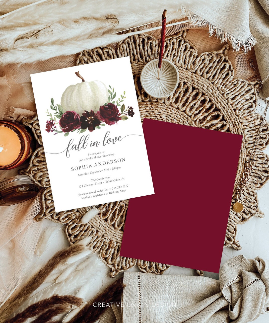 Fall Bridal Shower Invitation Template, Printable Burgundy Pumpkin
