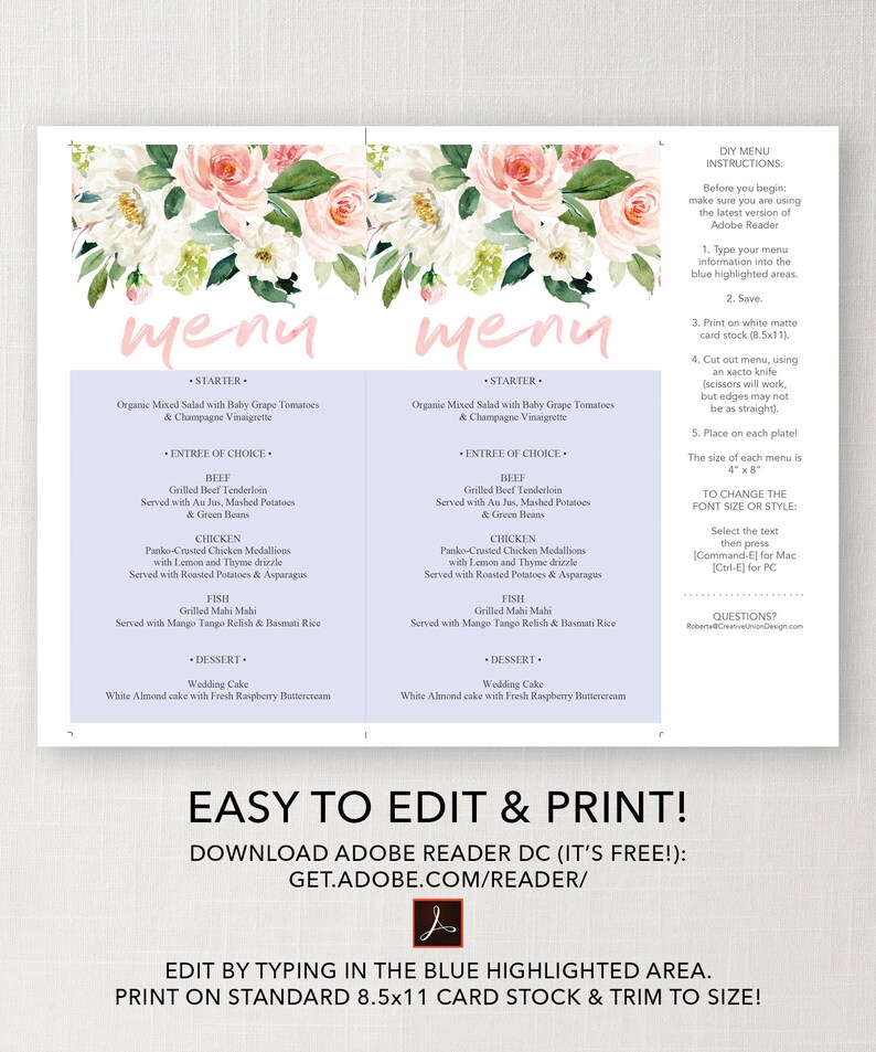 Wedding Menu Printable Menu Template Editable Menu - Etsy