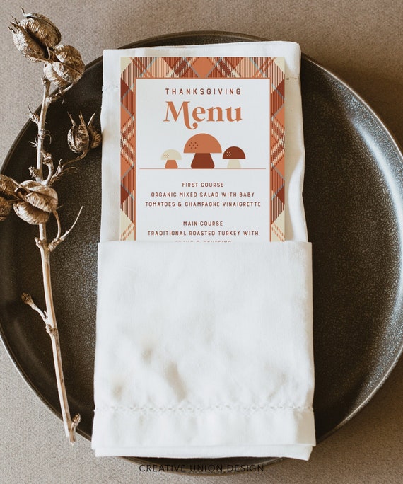 Retro Thanksgiving Dinner Menu Card Template, Thanksgiving Menu, Table Decor, Printable Friendsgiving Dinner, Fall Menu, Flannel, Mushrooms Il_570xn