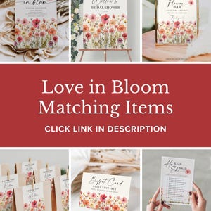 May include: A set of printable bridal shower party decorations with a floral theme. The decorations include a welcome sign, a flower bar sign, a buffet card, a thank you tag, and a "He Said She Said" game card. The design features a watercolor floral pattern with pink, orange, and yellow flowers.
