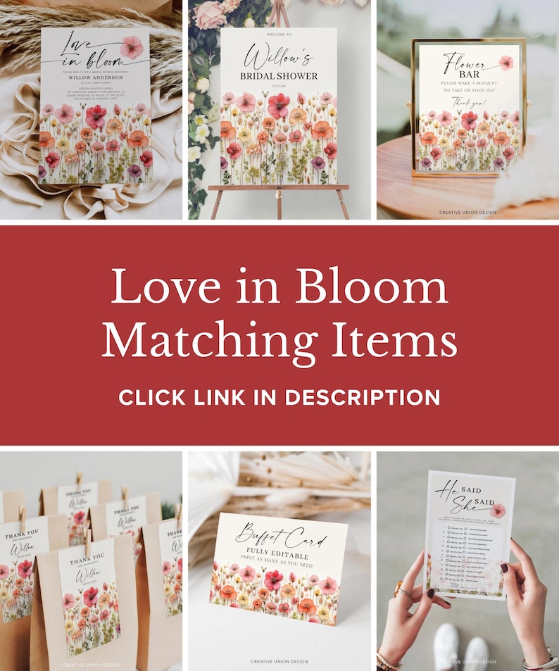 May include: A set of printable bridal shower party decorations with a floral theme. The decorations include a welcome sign, a flower bar sign, a buffet card, a thank you tag, and a "He Said She Said" game card. The design features a watercolor floral pattern with pink, orange, and yellow flowers.