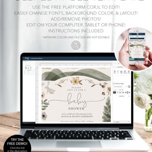 May include: A digital template for a baby shower invitation. The invitation features a watercolor background with green and brown hills, a white rabbit, and a floral wreath. The text reads "Please join us for a baby shower. Let's celebrate the parents-to-be Olivia & Mason Anderson. Saturday, July 17th, 2:00 - 4:00 pm."