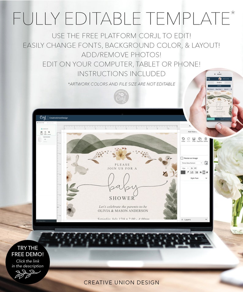May include: A digital template for a baby shower invitation. The invitation features a watercolor background with green and brown hills, a white rabbit, and a floral wreath. The text reads "Please join us for a baby shower. Let's celebrate the parents-to-be Olivia & Mason Anderson. Saturday, July 17th, 2:00 - 4:00 pm."