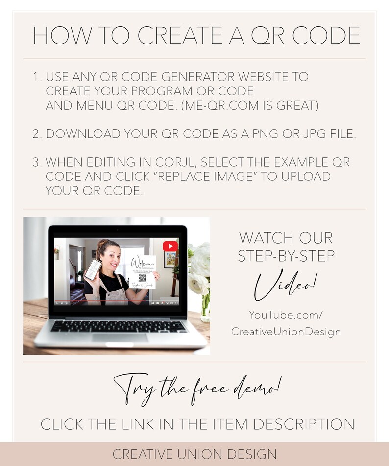 Op de afbeelding: Een laptopscherm toont een vrouw die een geprinte QR-code vasthoudt. De tekst op het scherm zegt "Welkom in onze winkel!" en "Meld je aan en begin!" De tekst op de afbeelding zegt "Hoe maak je een QR-code", "Bekijk onze stapsgewijze video!" en "Probeer de gratis demo!" Klik op de link in de productbeschrijving. Creative Union Design.