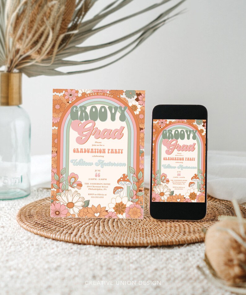 Groovy Grad Retro Graduation Party Invite Template Graduation ...