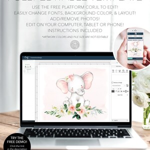 Puede incluir: Una plantilla digital mostrada en la pantalla de una computadora port&aacute;til con una ilustraci&oacute;n en acuarela de un beb&eacute; elefante adornado con flores rosas y blancas. La interfaz muestra herramientas de edici&oacute;n y el texto FULLY EDITABLE TEMPLATE, USE THE FREE PLATFORM CORJL TO EDIT, EASILY CHANGE FONTS, BACKGROUND COLOR, & LAYOUT, ADD/REMOVE PHOTOS, EDIT ON YOUR COMPUTER, TABLET OR PHONE, INSTRUCTIONS INCLUDED, TRY THE FREE DEMO.