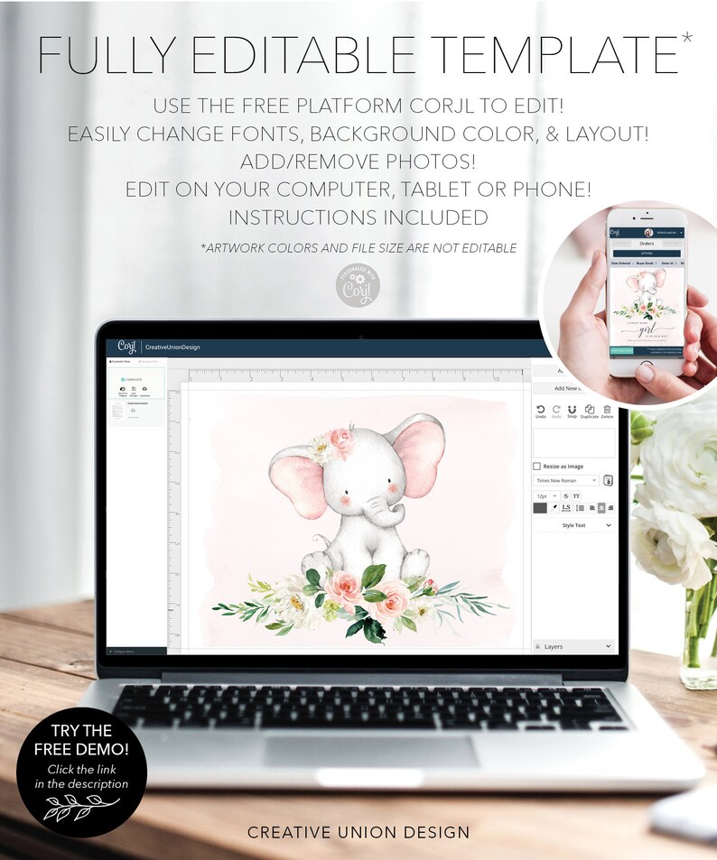 Puede incluir: Una plantilla digital mostrada en la pantalla de una computadora port&aacute;til con una ilustraci&oacute;n en acuarela de un beb&eacute; elefante adornado con flores rosas y blancas. La interfaz muestra herramientas de edici&oacute;n y el texto FULLY EDITABLE TEMPLATE, USE THE FREE PLATFORM CORJL TO EDIT, EASILY CHANGE FONTS, BACKGROUND COLOR, & LAYOUT, ADD/REMOVE PHOTOS, EDIT ON YOUR COMPUTER, TABLET OR PHONE, INSTRUCTIONS INCLUDED, TRY THE FREE DEMO.