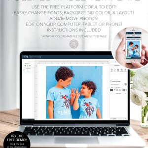 May include: A laptop screen displays a template with two children wearing light blue shirts. The text on the screen reads "FULLY EDITABLE TEMPLATE". The image also shows a phone displaying the same template. The template is for Creative Union Design.