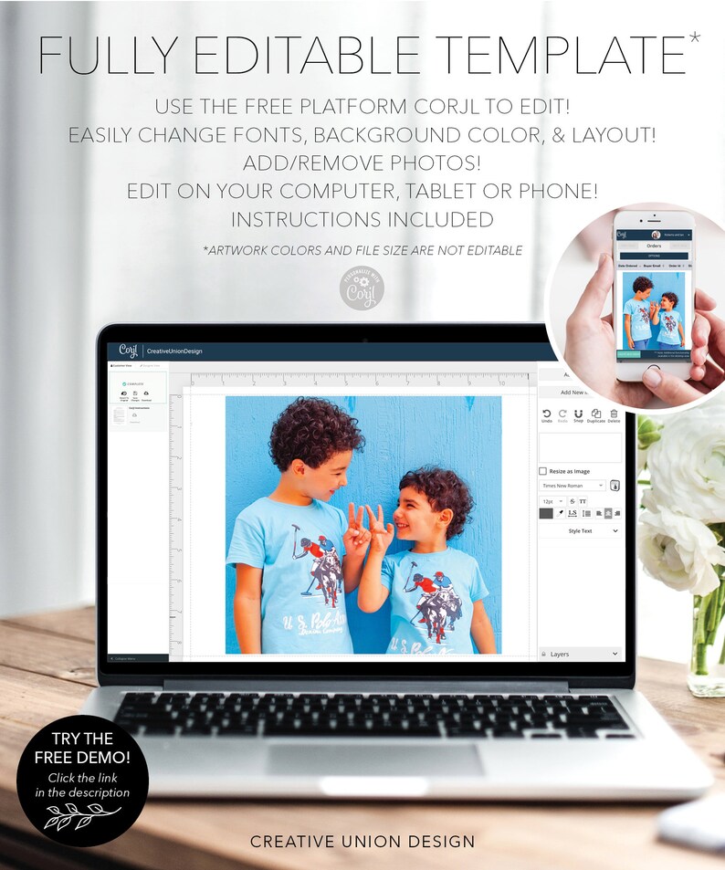 May include: A laptop screen displays a template with two children wearing light blue shirts. The text on the screen reads "FULLY EDITABLE TEMPLATE". The image also shows a phone displaying the same template. The template is for Creative Union Design.