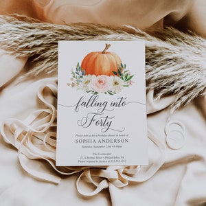 May include: A white invitation card with a watercolor illustration of a pumpkin and flowers. The text reads "falling into Forty" and includes details for a birthday dinner in honor of Sophia Anderson. The event is scheduled for Saturday, September 23rd at 6:00pm at The Continental, 123 Chestnut Street, Philadelphia, PA. Please respond to Jessica at 555.212.1212. The bottom of the card reads "CREATIVE UNION DESIGN."