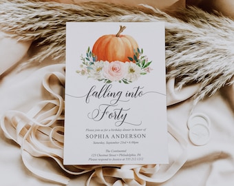 Falling Into 40, Pumpkin Birthday Invitation Template, 40th Fall Birthday Invite, Birthday Dinner, Birthday Party Invite, 40th Birthday