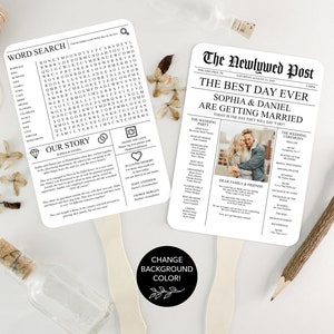 May include: Two wedding fan programs with black text on a white background. The left fan has a word search puzzle with the words "honeymoon", "wedding", "cake", "love", and "forever". The right fan has a newspaper-style design with the headline "The Best Day Ever" and the names "Sophia & Daniel" in large font. The text below the headline reads "Are Getting Married" and "Today is the day they will say "I do!"