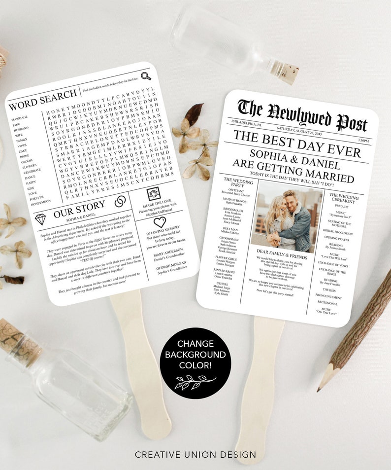 May include: Two wedding fan programs with black text on a white background. The left fan has a word search puzzle with the words "honeymoon", "wedding", "cake", "love", and "forever". The right fan has a newspaper-style design with the headline "The Best Day Ever" and the names "Sophia & Daniel" in large font. The text below the headline reads "Are Getting Married" and "Today is the day they will say "I do!"