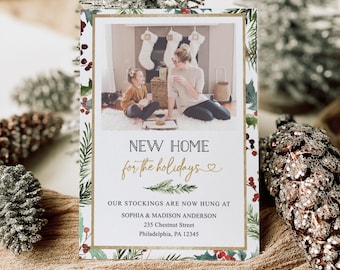 New Home Moving Announcement Christmas Cards, Holiday Card Template, Christmas Card, Download, Merry Greenery, New Home For The Holidays