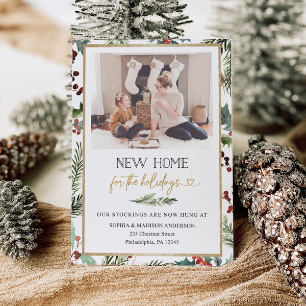 New Home Moving Announcement Christmas Cards, Holiday Card Template, Christmas Card, Download, Merry Greenery, New Home For The Holidays