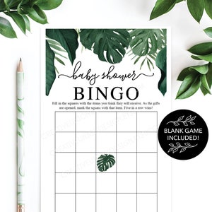 Baby Shower Bingo 60 Game Sheets Baby Shower Games Gender Neutral Baby Shower Instant Download Tropical Monstera Greenery image 3