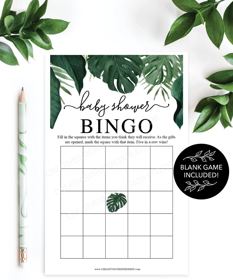 Baby Shower Bingo 60 Game Sheets Baby Shower Games Gender Neutral Baby Shower Instant Download Tropical Monstera Greenery image 3