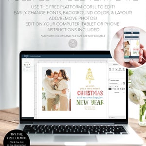 May include: A digital holiday card template displayed on a laptop screen, featuring a family photo and text that reads: JOY LOVE PEACE, we wish YOU a very merry CHRISTMAS and an even happier NEW YEAR with love from, The Andersons.