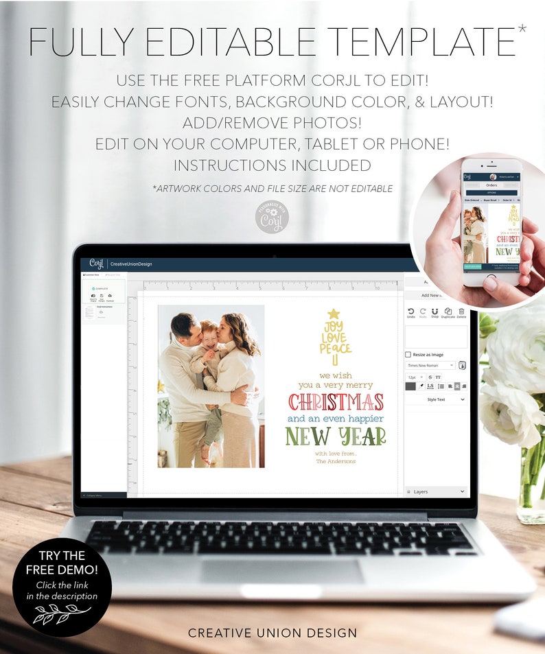 May include: A digital holiday card template displayed on a laptop screen, featuring a family photo and text that reads: JOY LOVE PEACE, we wish YOU a very merry CHRISTMAS and an even happier NEW YEAR with love from, The Andersons.