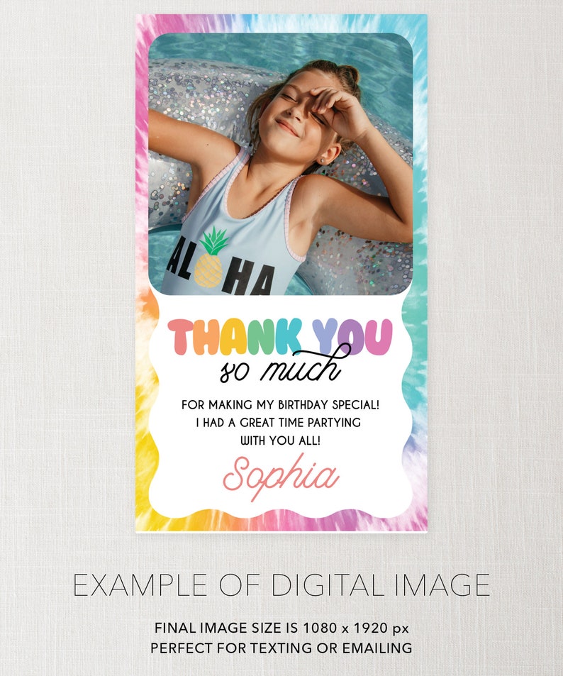 Peut inclure: Une carte de remerciement color&eacute;e avec un fond tie-dye. La carte pr&eacute;sente une photo d'une fille dans une piscine avec le texte "Thank You so much" et "Sophia".