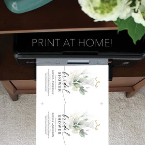 May include: Two printable bridal shower invitations with a watercolor floral design and gold accents. The text on the invitations reads "bridal shower" and "Sophia Anderson".