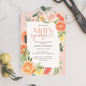 She Found Her Main Squeeze Bridal Shower Invite Template, Lemon Bridal Shower Invitation, Printable Bridal Shower, Download, Grapefruit, Lim
