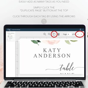 May include: A laptop screen displaying a digital design template for a wedding table number card. The design features a watercolor floral background with the text "KATY ANDERSON table NINE". The screen also shows a toolbar with options for adding pages, zooming in and out, and deleting pages.