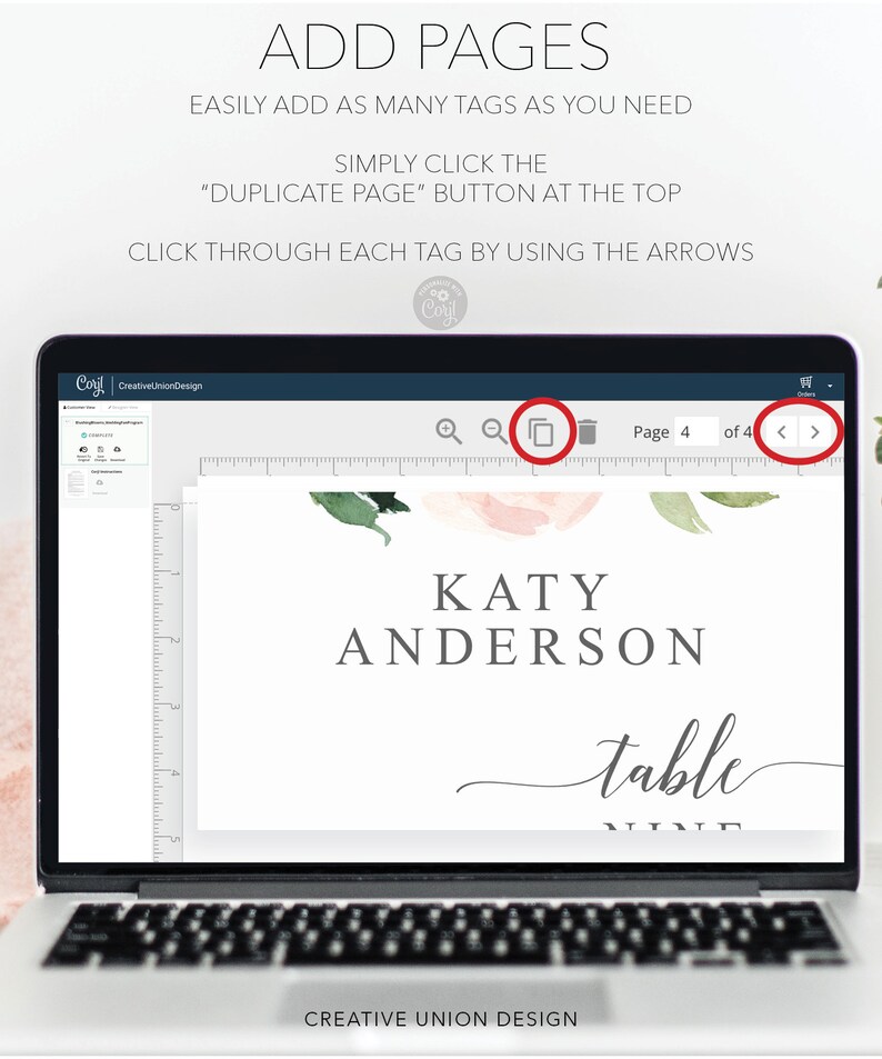 May include: A laptop screen displaying a digital design template for a wedding table number card. The design features a watercolor floral background with the text "KATY ANDERSON table NINE". The screen also shows a toolbar with options for adding pages, zooming in and out, and deleting pages.
