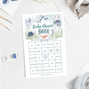 Under The Sea babyshower bingo, 60 unieke speelbladen, babyshowerspellen, jongen, download, afdrukbaar, oceaan babyshower, nautisch, vis, krab