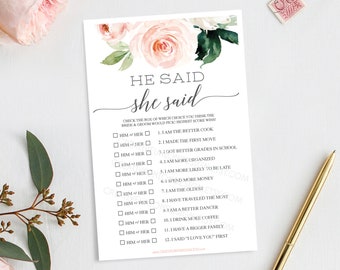 He Said She Said Bridal Shower Game - Bridal Shower Game - Wedding Shower - Print at Home - Instant Download - Wedding - Blushing Blooms