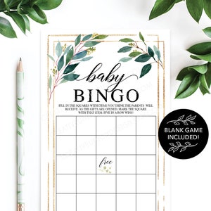 Baby Shower Bingo 60 Unique Game Sheets Baby Shower Games Gender Neutral Baby Shower Garden Greens Instant Download Baby Shower image 3