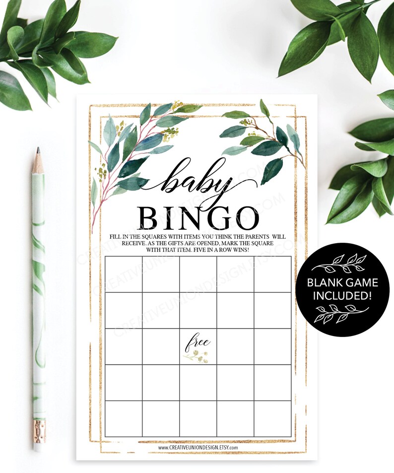 Baby Shower Bingo 60 Unique Game Sheets Baby Shower Games Gender Neutral Baby Shower Garden Greens Instant Download Baby Shower image 3