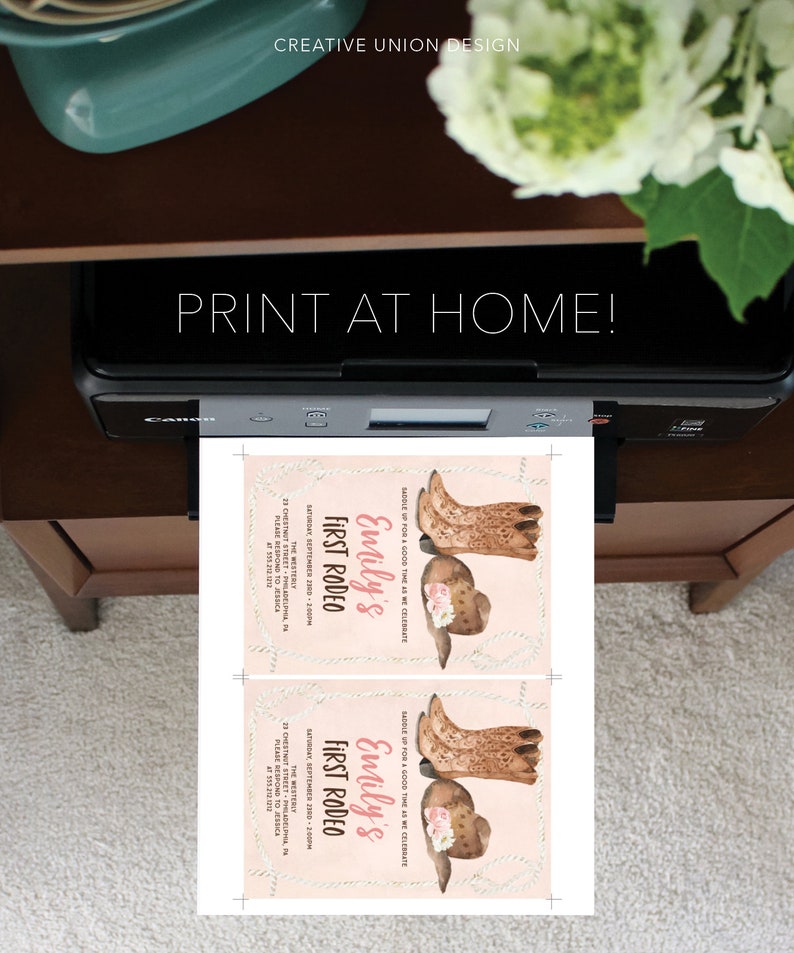 May include: Printable invitation for a first rodeo party with a pink background and a design of cowboy boots and a hat with flowers. The text reads "Saddle up for a good time as we celebrate Emily's First Rodeo" and includes the date, time, and location of the event.