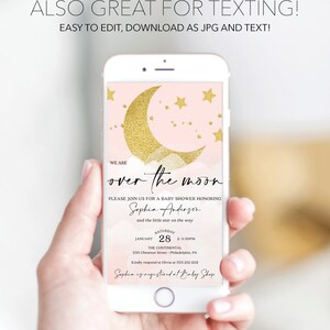 May include: A pink and gold baby shower invitation with a crescent moon and stars. The text reads "We are over the moon. Please join us for a baby shower honoring Sophia Anderson and the little star on the way. Saturday, January 28, 2-3:30pm. The Continental, 235 Chestnut Street - Philadelphia, PA. Kindly respond to Olivia at 555.212.1212. Sophia is registered at Baby Shop."