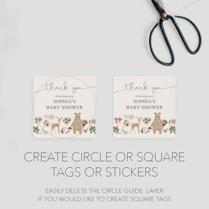 Op de afbeelding: Twee printbare bedankkaartjes voor een babyshower. De kaartjes hebben een bosmotief met een beer, een hert en andere bosdieren. De tekst op de kaartjes luidt "Bedankt voor je komst naar Sophia's babyshower".