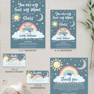 May include: A baby shower invitation set with a blue and gold color scheme. The invitation features a sun, moon, and rainbow with the text "You are my Sun. my Moon. and all of my Stars." The set also includes a thank you card, a diaper raffle card, and a book for baby card.