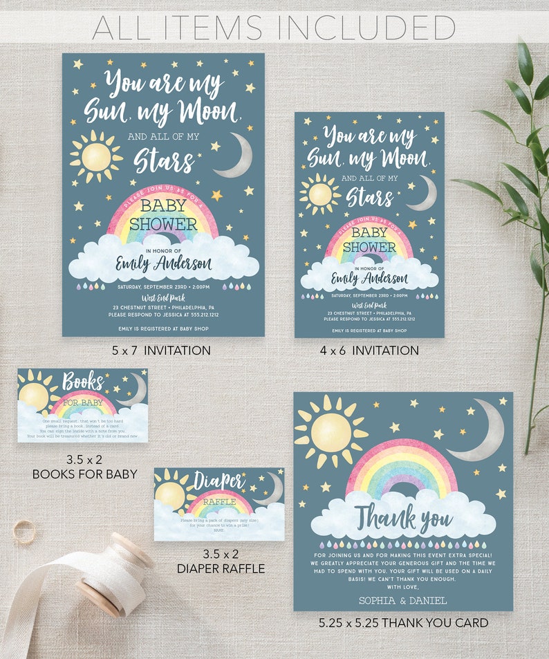 May include: A baby shower invitation set with a blue and gold color scheme. The invitation features a sun, moon, and rainbow with the text "You are my Sun. my Moon. and all of my Stars." The set also includes a thank you card, a diaper raffle card, and a book for baby card.