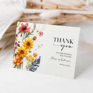 Tarjeta de agradecimiento con flores silvestres, tarjeta de agradecimiento para despedida de soltera, flores prensadas, agradecimiento personalizado, plantilla de tarjeta de agradecimiento, colorida