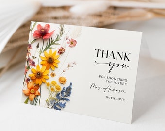 Wildflower Thank You Card, Bridal Shower Thank You Card, Pressed Flowers, Personalized Thank You, Thank You Card Template, Colorful