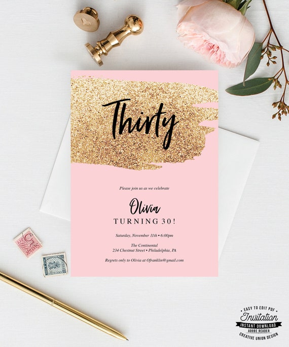 Pink And Gold Glitter Birthday Invitations For Her 30th Birthday Invite 21st Printable 50th Birthday Invitation Editable Any Age By Creative Union Design Catch My Party