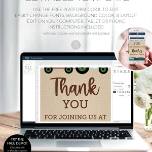Op de afbeelding: Een laptop toont een bewerkbare sjabloon met de tekst "Thank You For Joining Us At". Het ontwerp bevat groene tractorwielen en de tekst "Noah's Birthday Party" op een telefoonscherm. De afbeelding bevat ook de tekst "Try the Free Demo!"