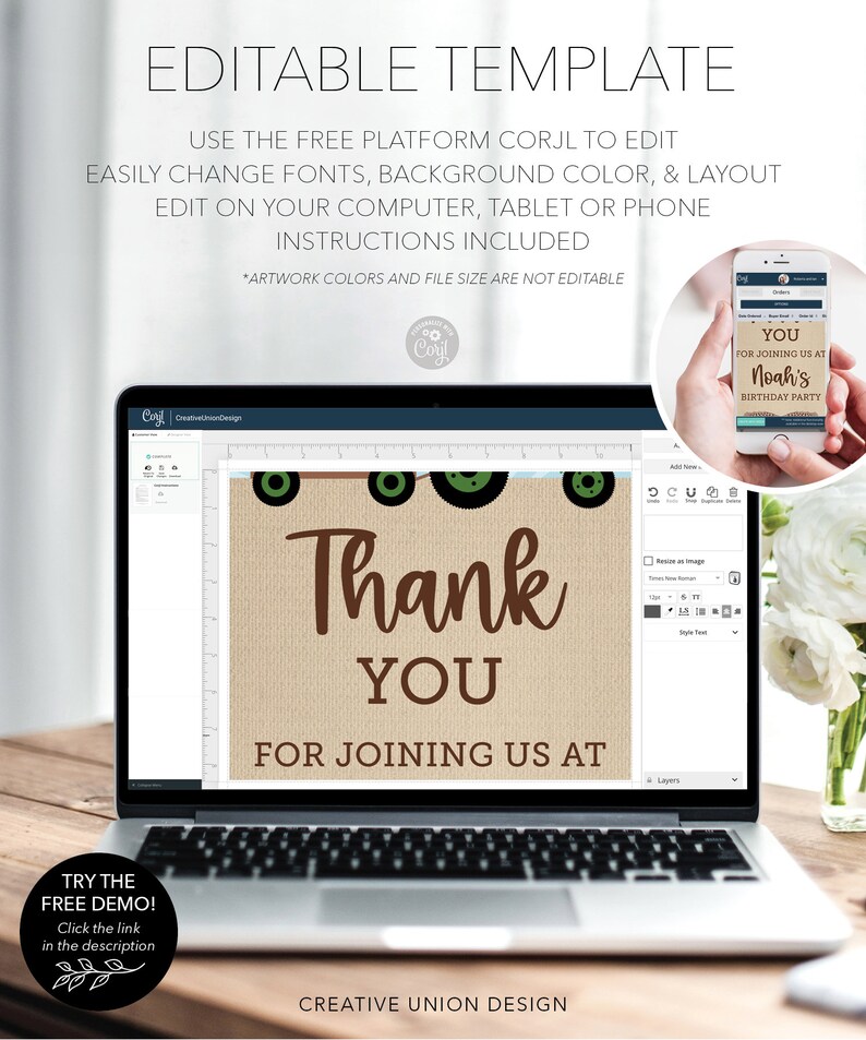 Op de afbeelding: Een laptop toont een bewerkbare sjabloon met de tekst "Thank You For Joining Us At". Het ontwerp bevat groene tractorwielen en de tekst "Noah's Birthday Party" op een telefoonscherm. De afbeelding bevat ook de tekst "Try the Free Demo!"