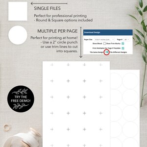 May include: A white sheet of paper with a grid of plus signs and a black circle with the text "TRY THE FREE DEMO!" in white. The paper is next to a sheet of paper with a grid of circles. The image shows the print options for a product.