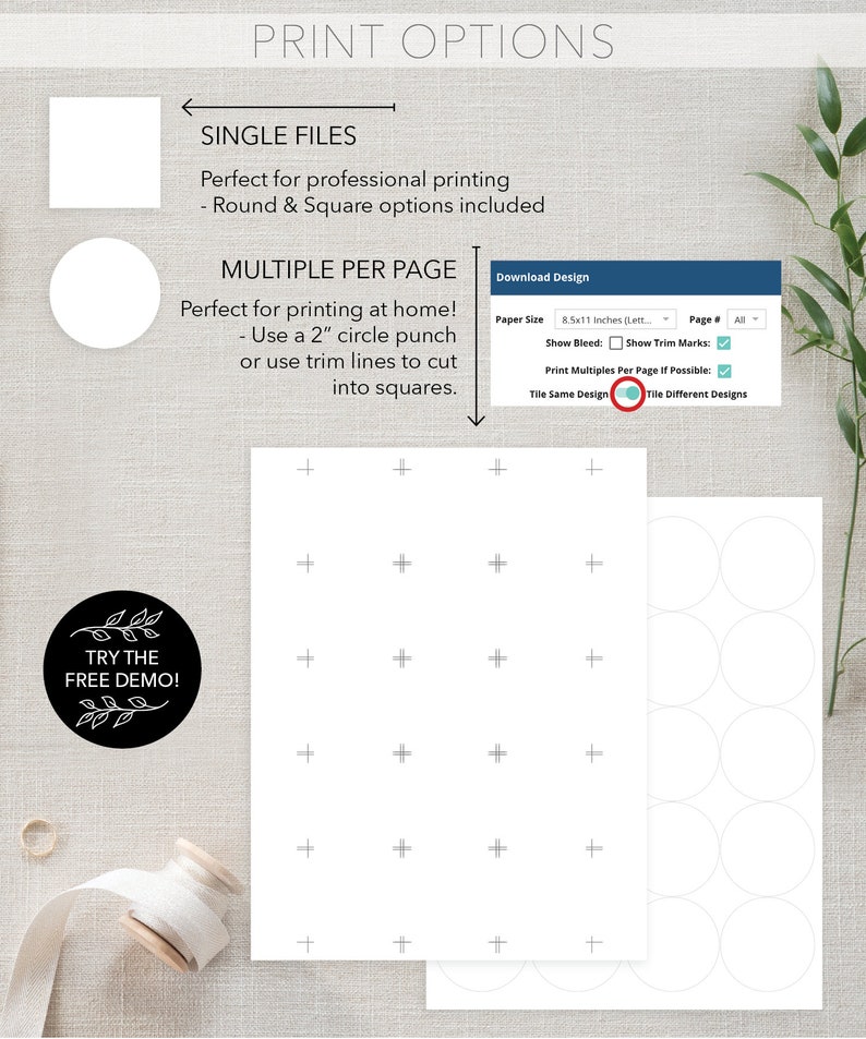 May include: A white sheet of paper with a grid of plus signs and a black circle with the text "TRY THE FREE DEMO!" in white. The paper is next to a sheet of paper with a grid of circles. The image shows the print options for a product.