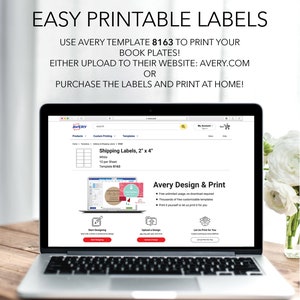May include: A laptop computer screen displaying the Avery website with a white background. The screen shows a product page for Avery shipping labels, 2 inches by 4 inches, with 10 labels per sheet. The text "Avery Design & Print" is visible on the screen. The text "Free unlimited usage, no download required" is also visible on the screen. The text "Thousands of free customizable templates" is also visible on the screen. The text "Print it yourself or let us print it for you" is also visible on the screen.