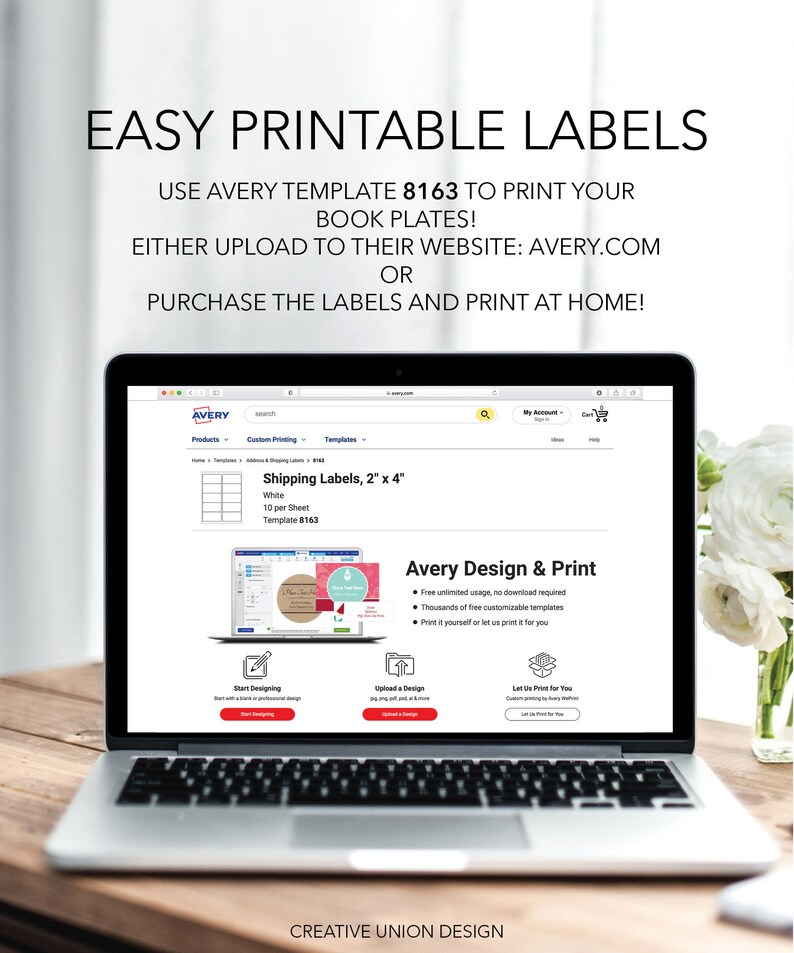 May include: A laptop computer screen displaying the Avery website with a white background. The screen shows a product page for Avery shipping labels, 2 inches by 4 inches, with 10 labels per sheet. The text "Avery Design & Print" is visible on the screen. The text "Free unlimited usage, no download required" is also visible on the screen. The text "Thousands of free customizable templates" is also visible on the screen. The text "Print it yourself or let us print it for you" is also visible on the screen.