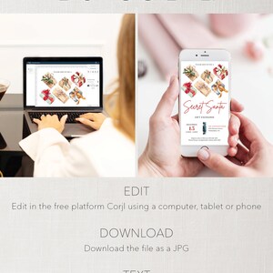Pu&ograve; includere: Un laptop e uno smartphone mostrano un invito a uno scambio di regali di Secret Santa. L'invito presenta illustrazioni ad acquerello di regali confezionati. Il testo include "EASY TO CREATE!" e istruzioni.