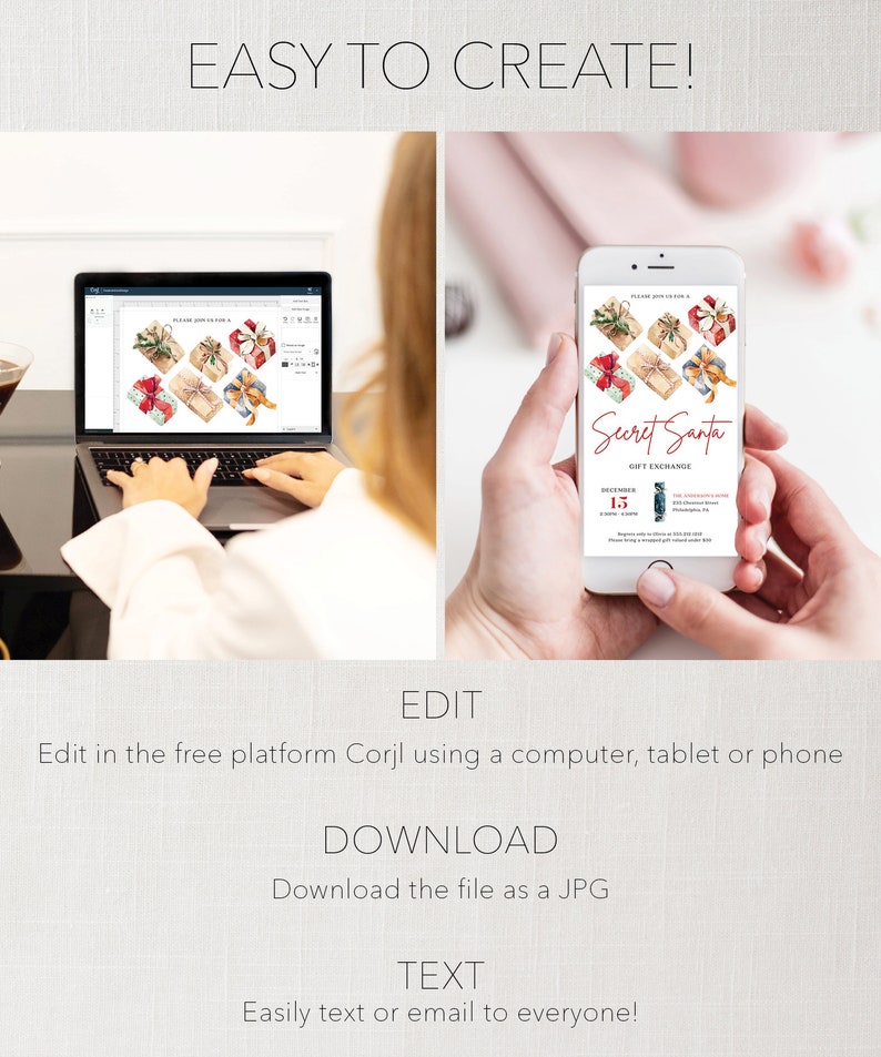 Pu&ograve; includere: Un laptop e uno smartphone mostrano un invito a uno scambio di regali di Secret Santa. L'invito presenta illustrazioni ad acquerello di regali confezionati. Il testo include "EASY TO CREATE!" e istruzioni.