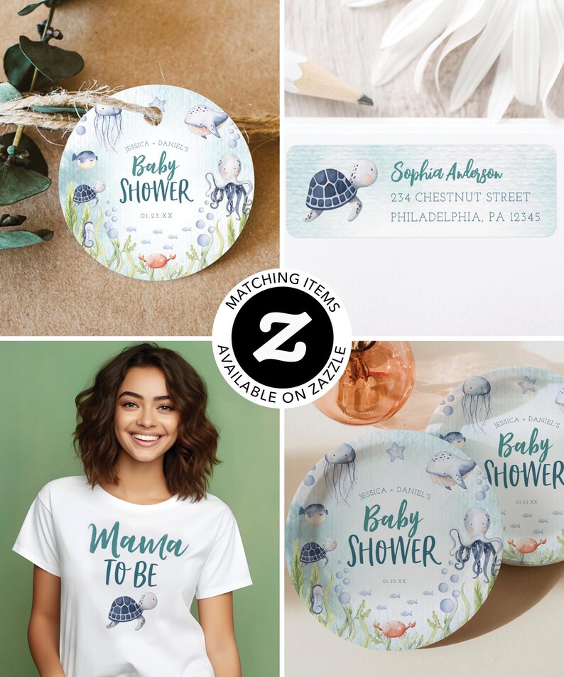 May include: A set of baby shower party supplies featuring a watercolour design of sea creatures, including a turtle, octopus, jellyfish, and fish. The design is on a light blue background with white bubbles. The text "Baby Shower" is written in teal green lettering. The text "Jessica & Daniel's" is written in black lettering. The text "01.23.XX" is written in black lettering. The text "Mama To Be" is written in teal green lettering on a white t-shirt. The text "Sophia Anderson" is written in teal green lettering on a light blue background with a watercolour design of a turtle. The text "234 Chestnut Street, Philadelphia, PA 12345" is written in black lettering.